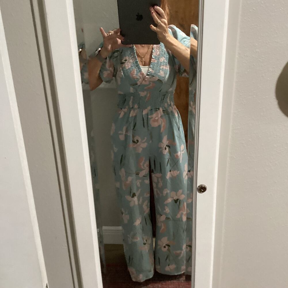 Floral Aqua Wide-Leg Jumpsuit with Smocked Waist
